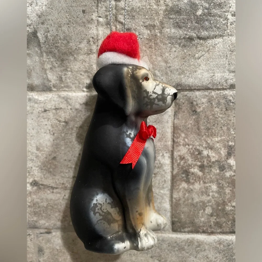 ❤️ POTTERY BARN BLOWN GLASS SANTA GERMAN SHERPARD DOG ORNAMENT NEW